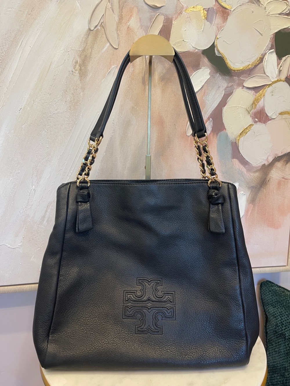 Tory Burch Black Leather Shoulder Tote with Gold Chain Straps